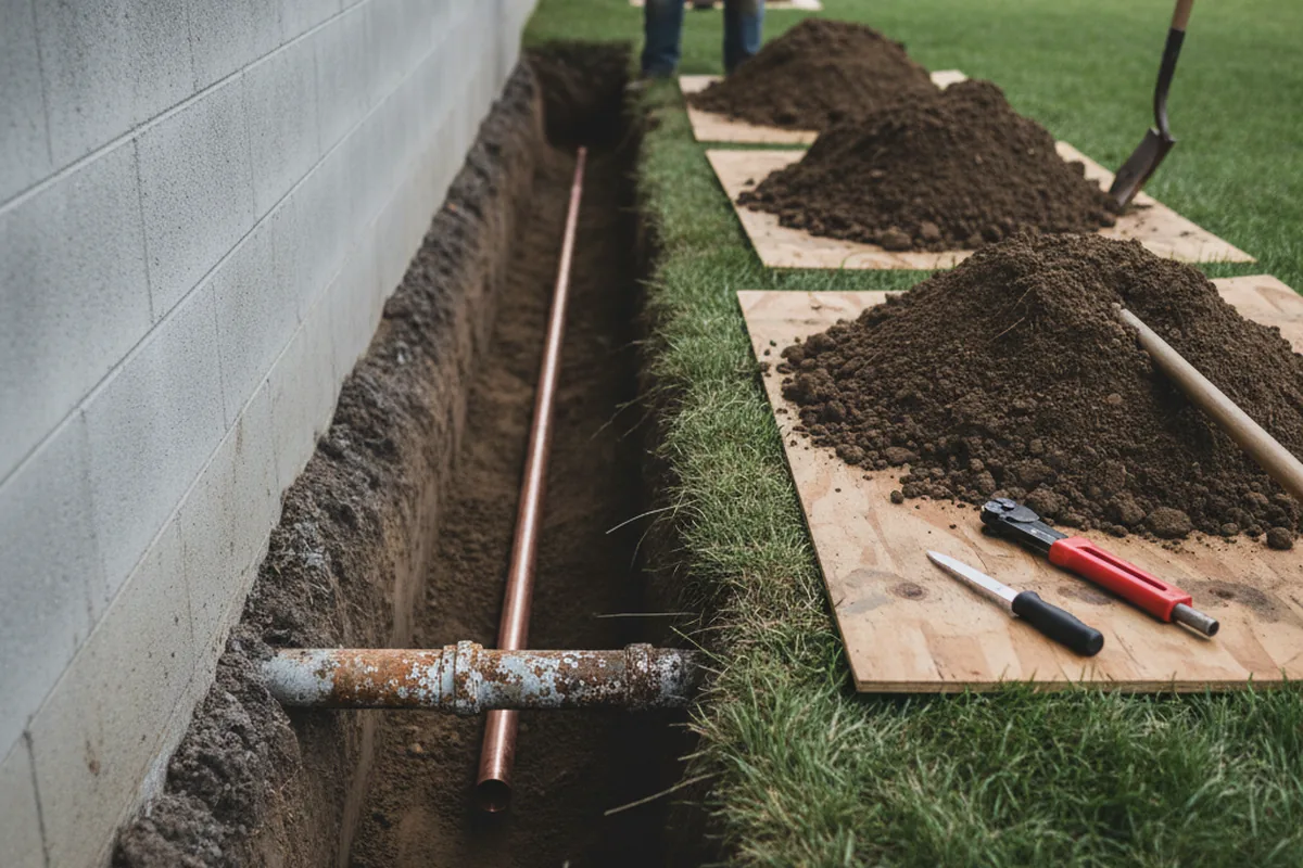 Excavated water line trench during Sewer Line Repair in Fruitland